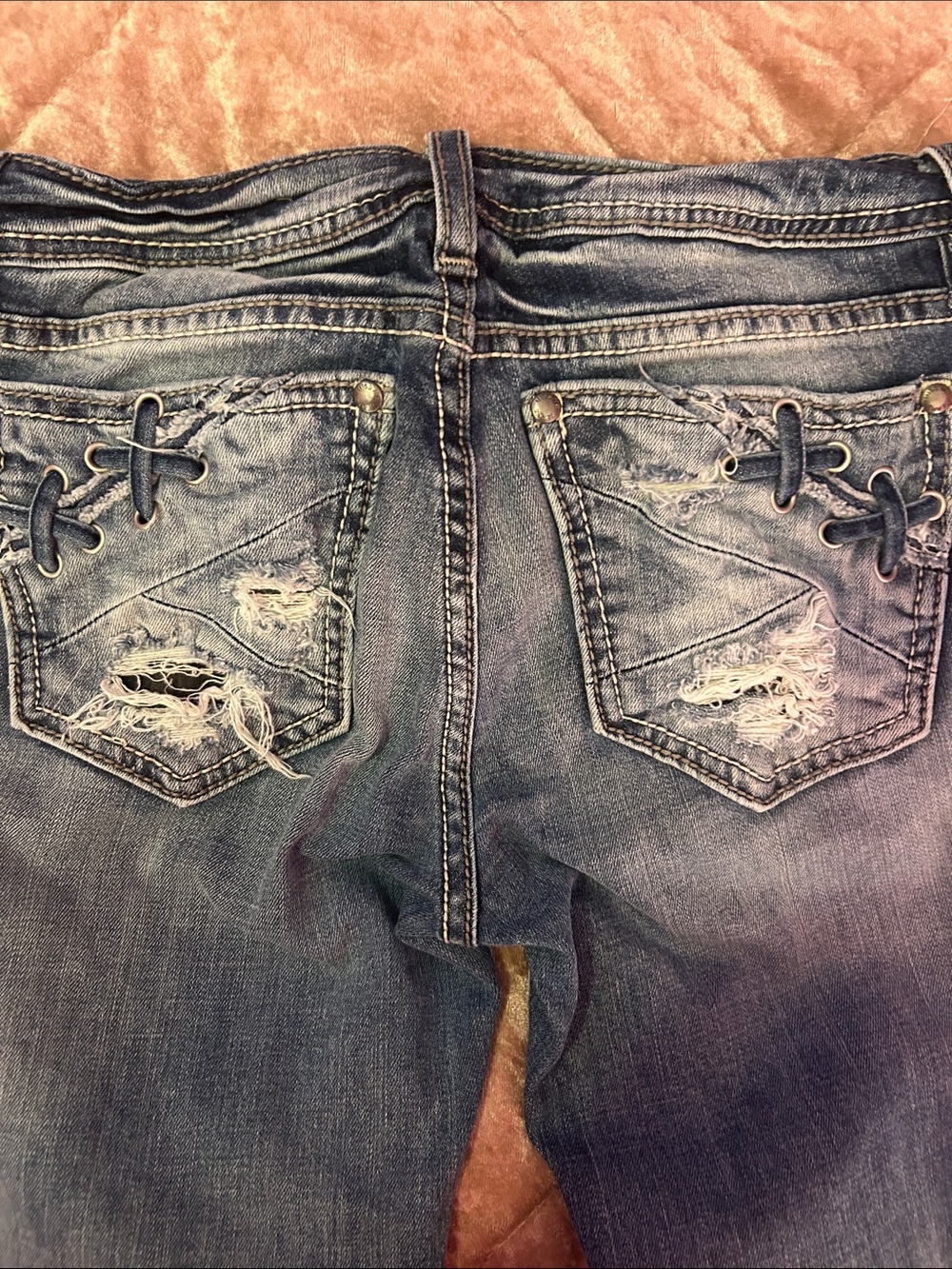 Miss Me Distressed Blue Lace-Up Back Pocket Cropped Jeans